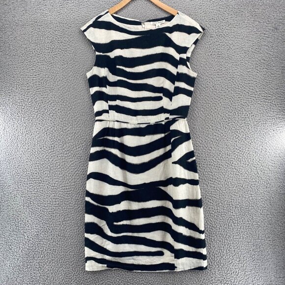 Banana Republic Dress Women 10 Ivory Black Zebra Stripe Linen Sheath Career Work - Picture 1 of 11
